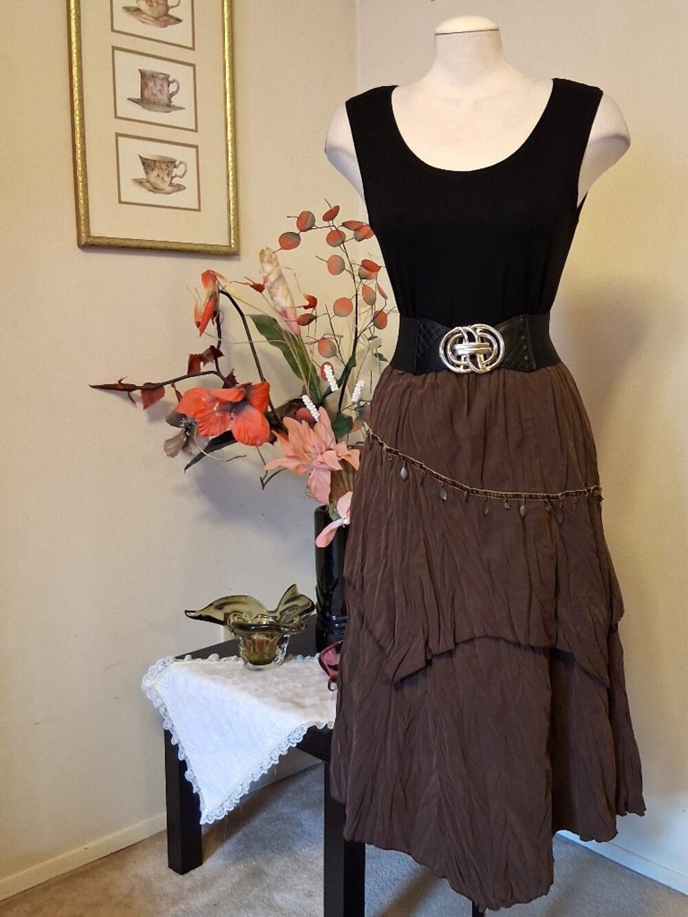 New Unique Design High Quality Vintage Style Brown Tiered Lined Midi Skirt 14